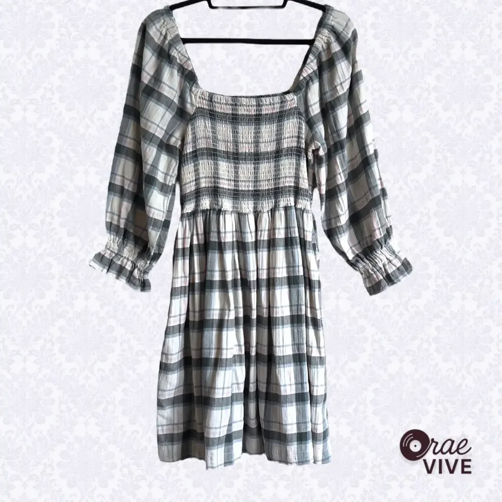 Madewell Lucie Elbow-Sleeve Smocked Mini Dress in Lebaum Plaid Size Medium